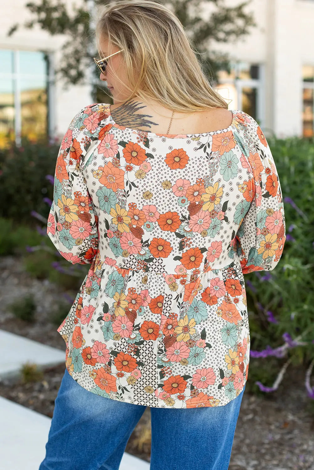 Khaki Plus Size Flower Print Square Neck Peplum Blouse - BB Fashion Outlet