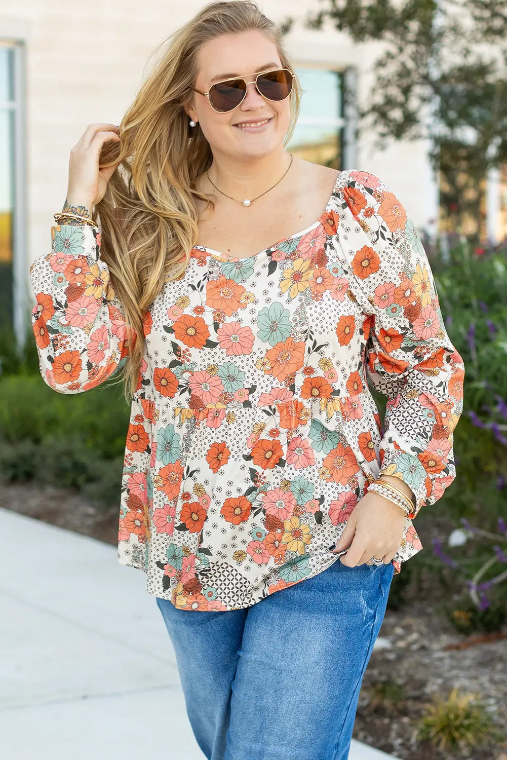 Khaki Plus Size Flower Print Square Neck Peplum Blouse - BB Fashion Outlet
