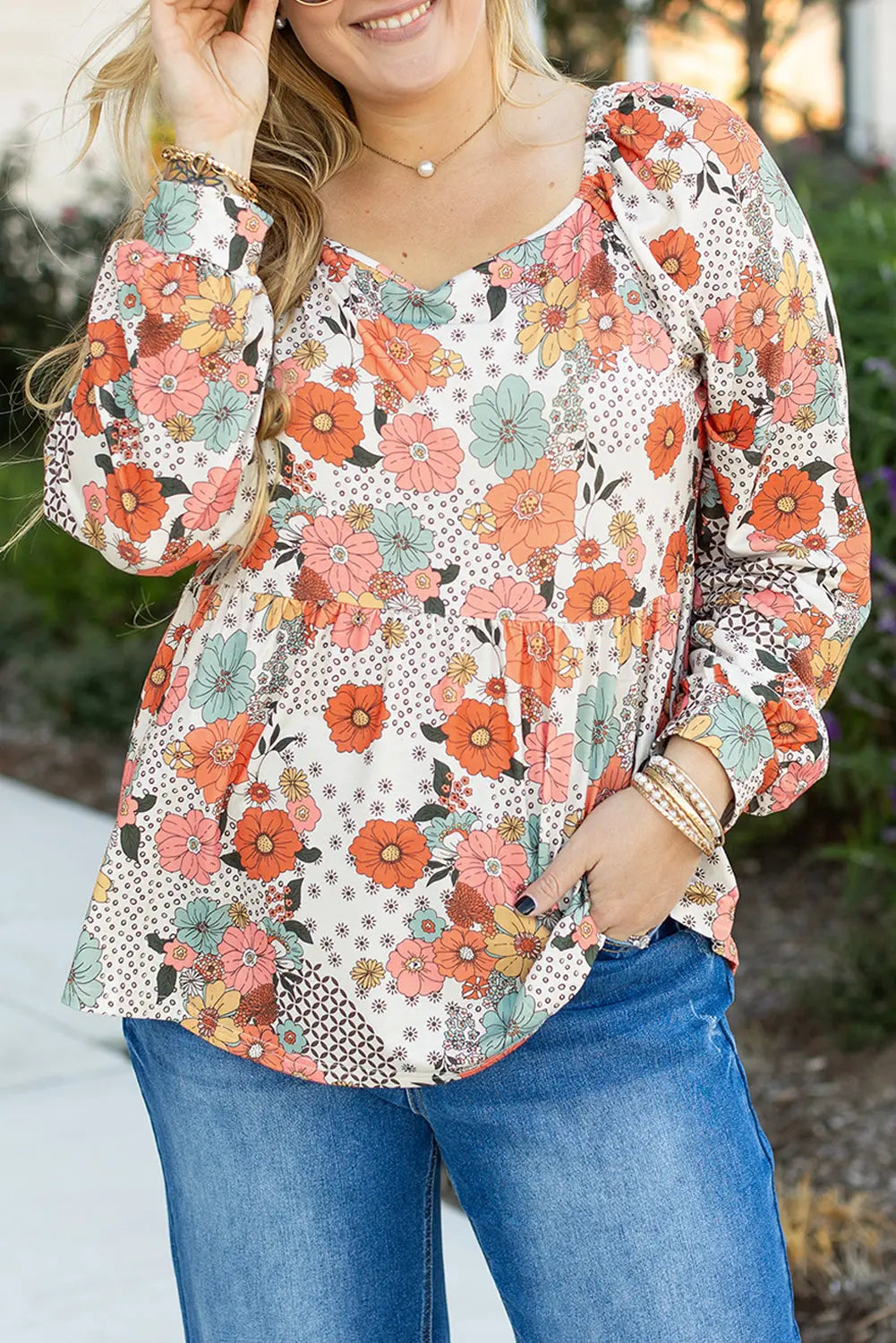 Khaki Plus Size Flower Print Square Neck Peplum Blouse - BB Fashion Outlet