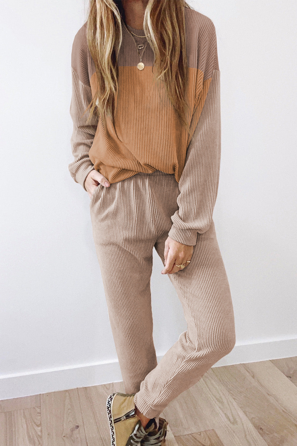 Khaki Ribbed 2pcs Colourblock Pullover and Trousers Outfit - eAura