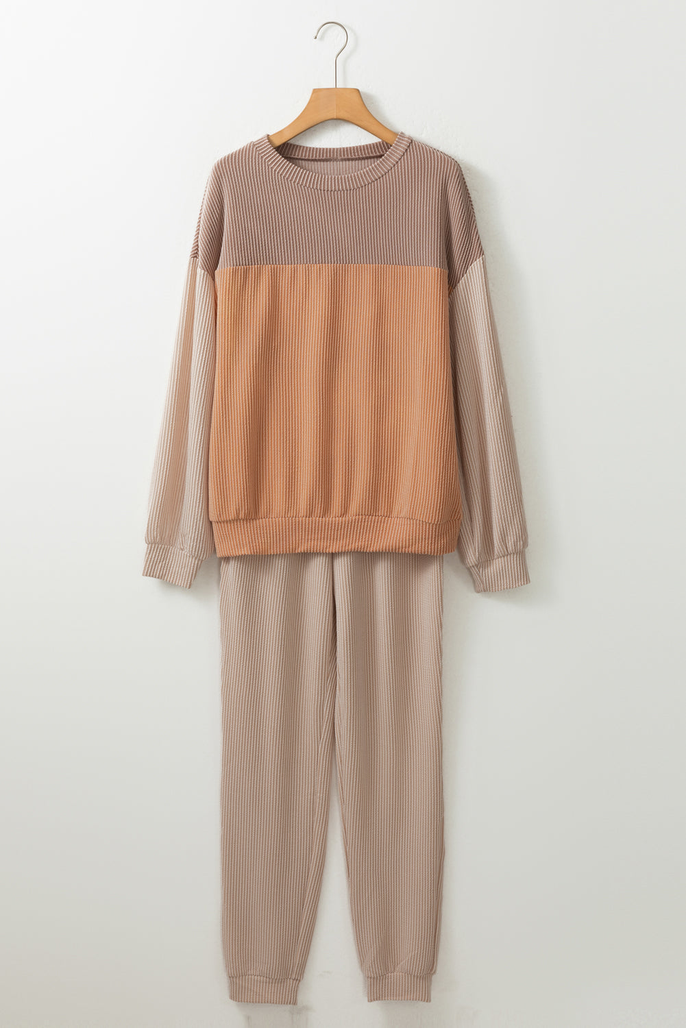 Khaki Ribbed 2pcs Colourblock Pullover and Trousers Outfit - eAura
