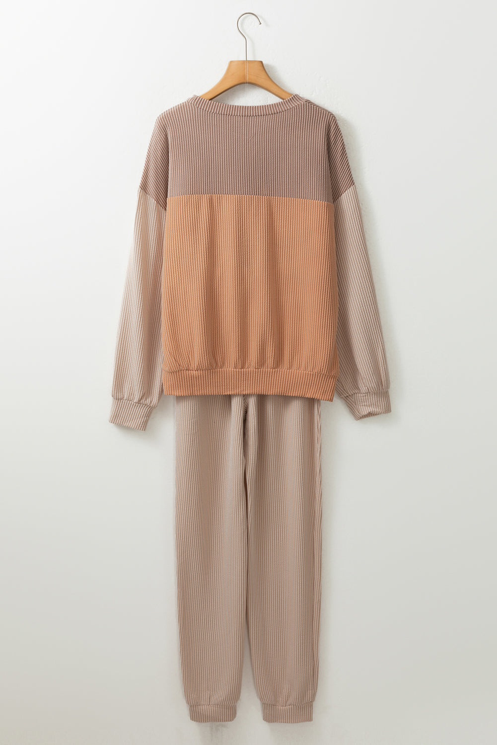 Khaki Ribbed 2pcs Colourblock Pullover and Trousers Outfit - eAura