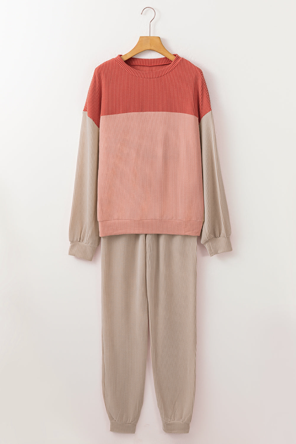 Khaki Ribbed 2pcs Colourblock Pullover and Trousers Outfit - eAura