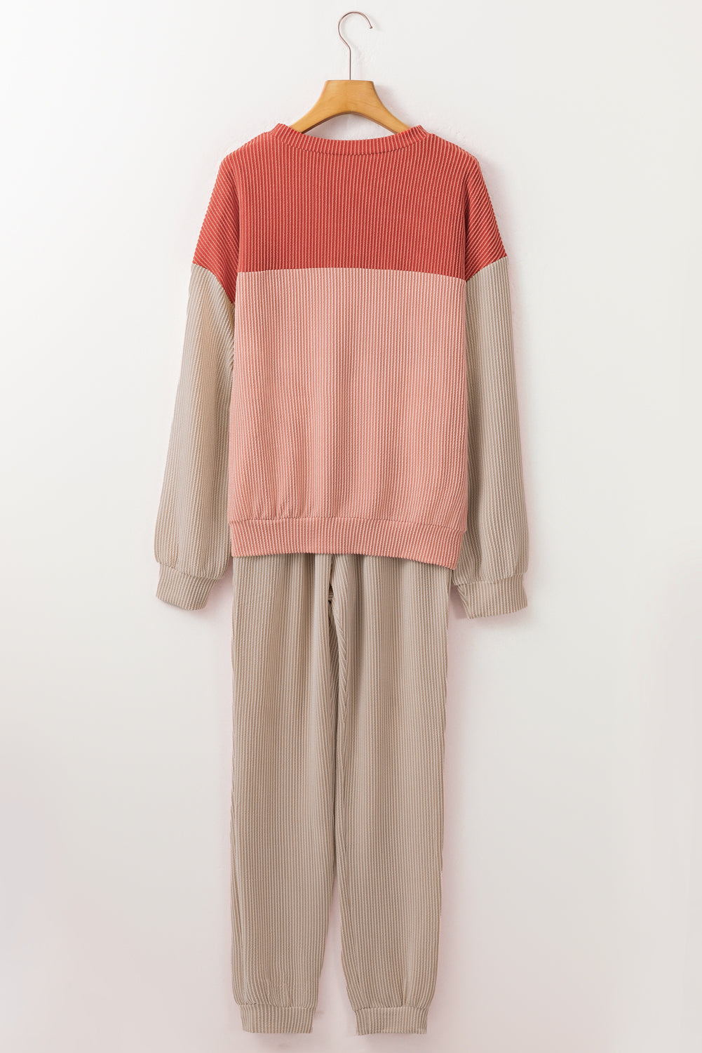 Khaki Ribbed 2pcs Colourblock Pullover and Trousers Outfit - eAura