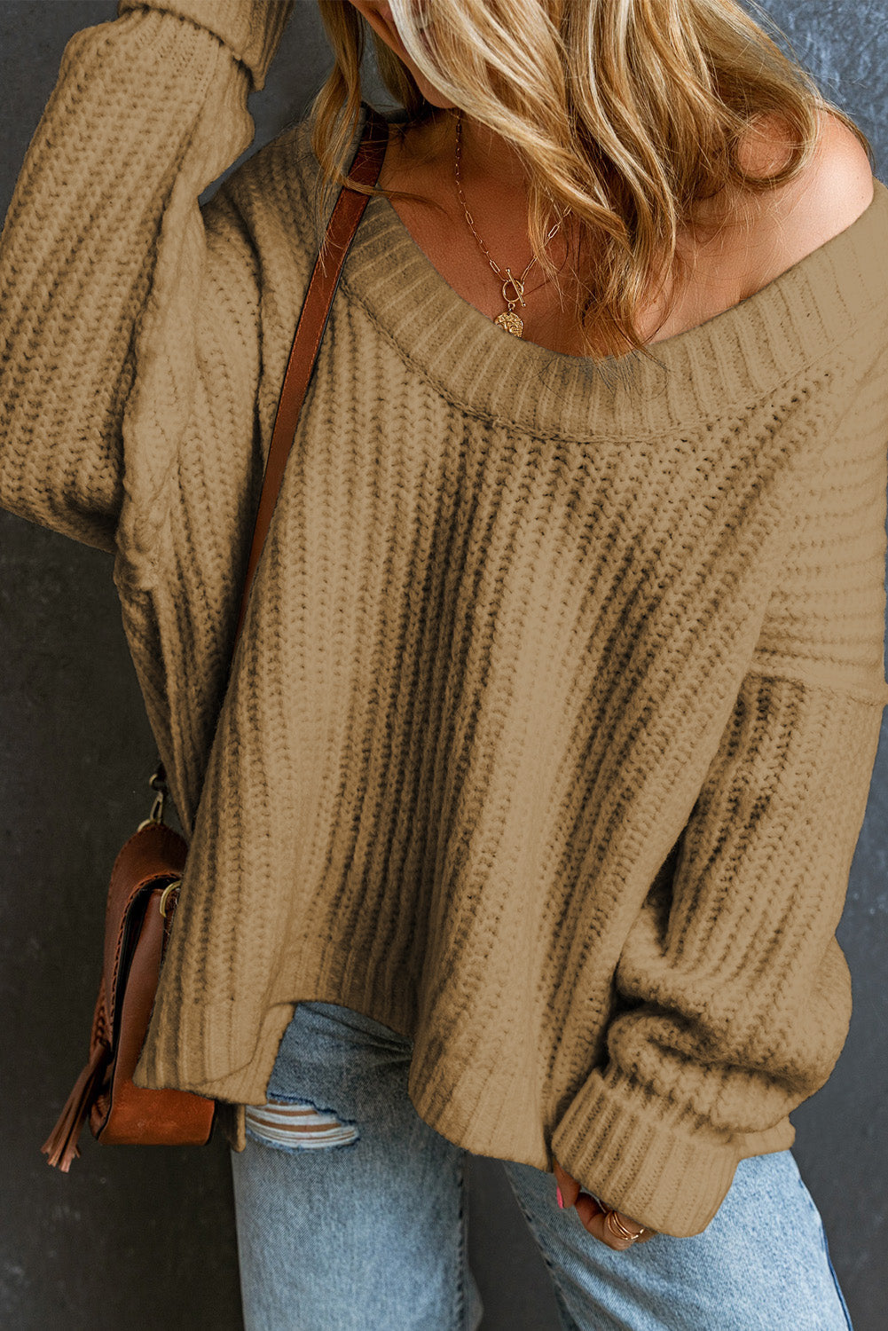 Khaki Ribbed Knit Round Neck Slouchy Chunky Sweater - eAura
