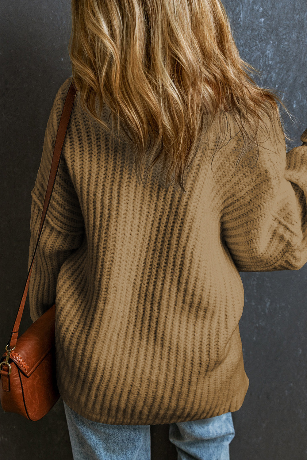 Khaki Ribbed Knit Round Neck Slouchy Chunky Sweater - eAura