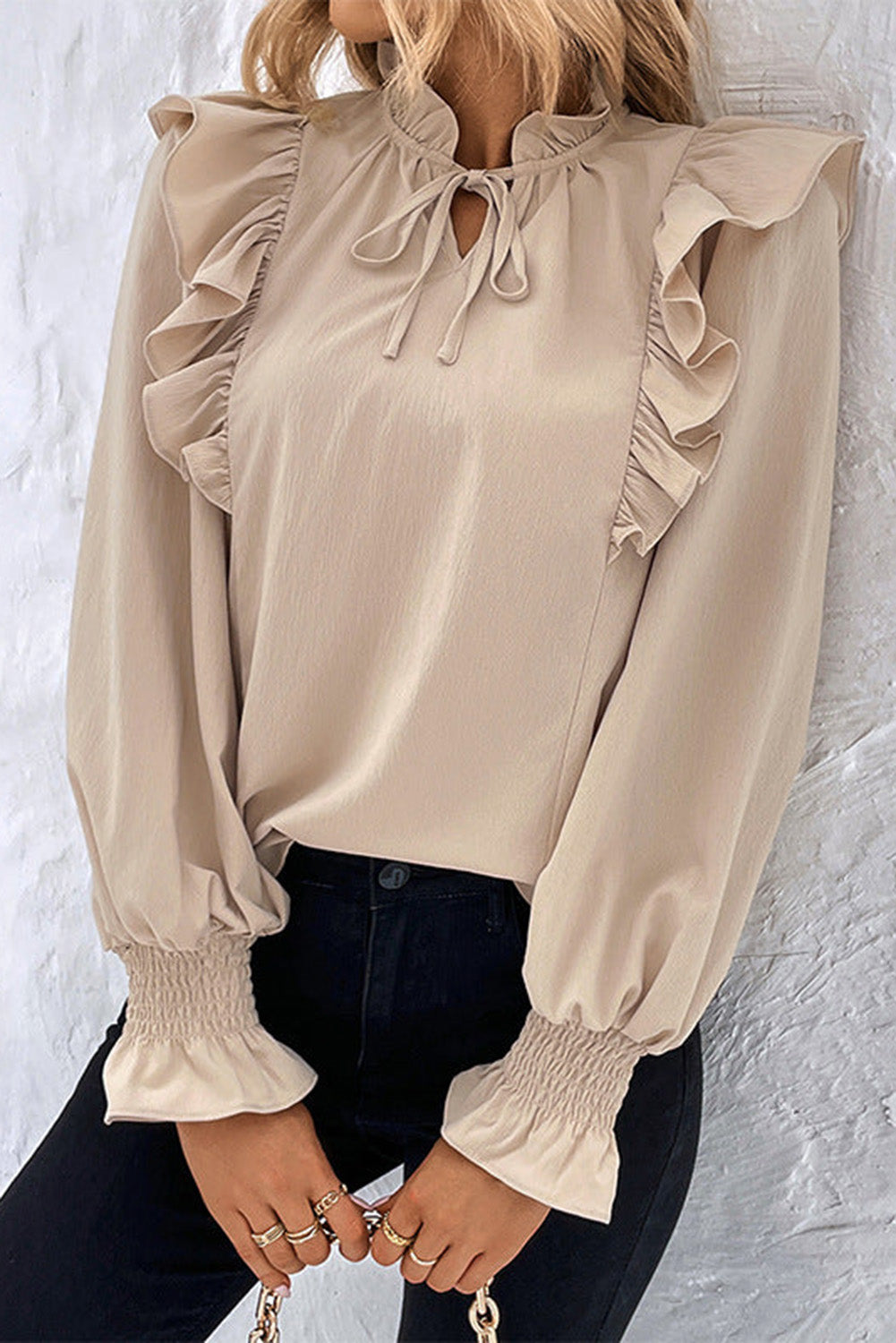 Khaki Ruffled Lace up Bubble Sleeve Blouse - eAura