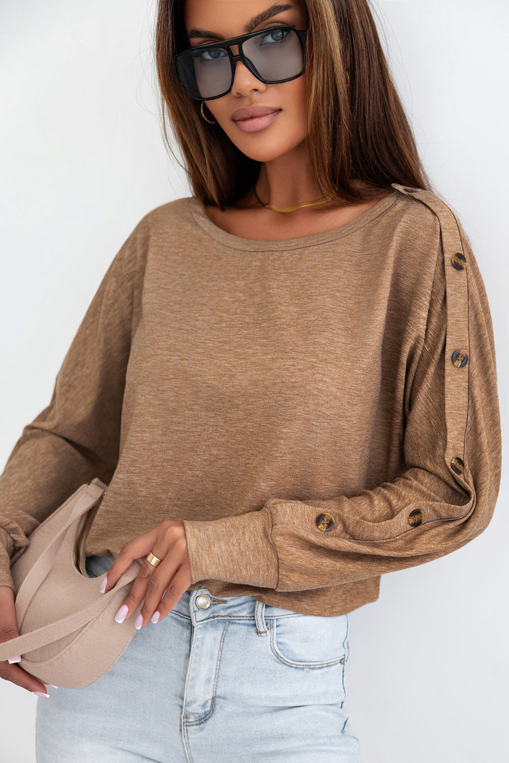 Khaki Solid Colour Button Decor Dolman Sleeve Top - eAura