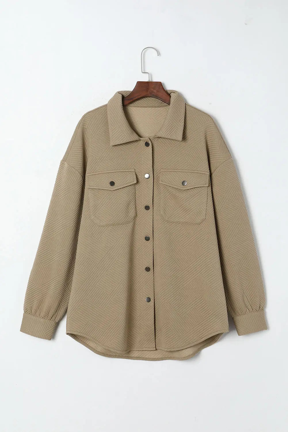Khaki Solid Textured Flap Pocket Buttoned Shacket - eAura