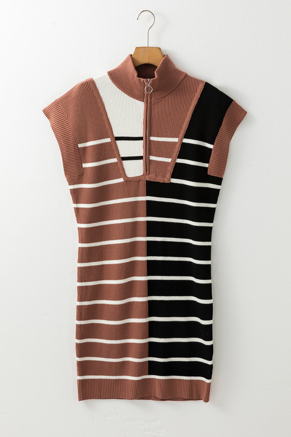 Khaki Stripe Colour Block Quarter Zip Collar Short Sleeve Sweater Dress - eAura