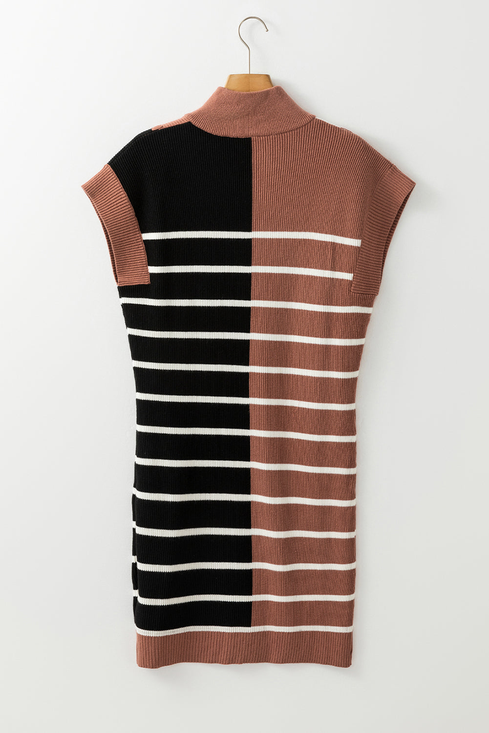 Khaki Stripe Colour Block Quarter Zip Collar Short Sleeve Sweater Dress - eAura