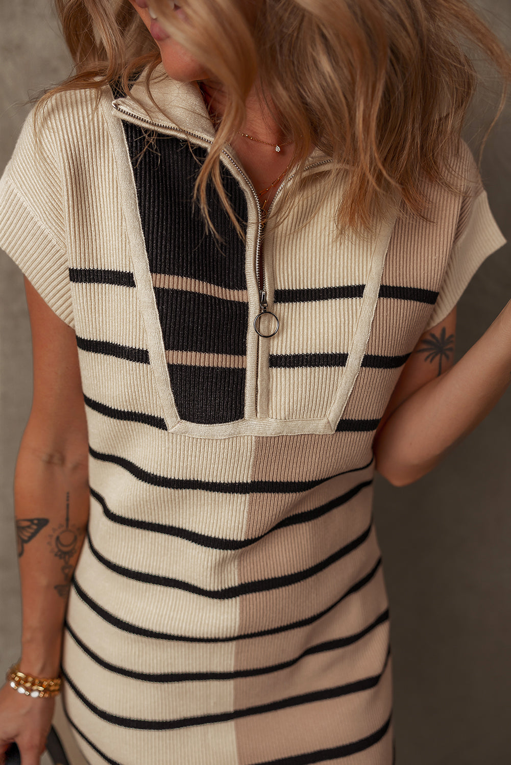 Khaki Stripe Colour Block Quarter Zip Collar Short Sleeve Sweater Dress - eAura