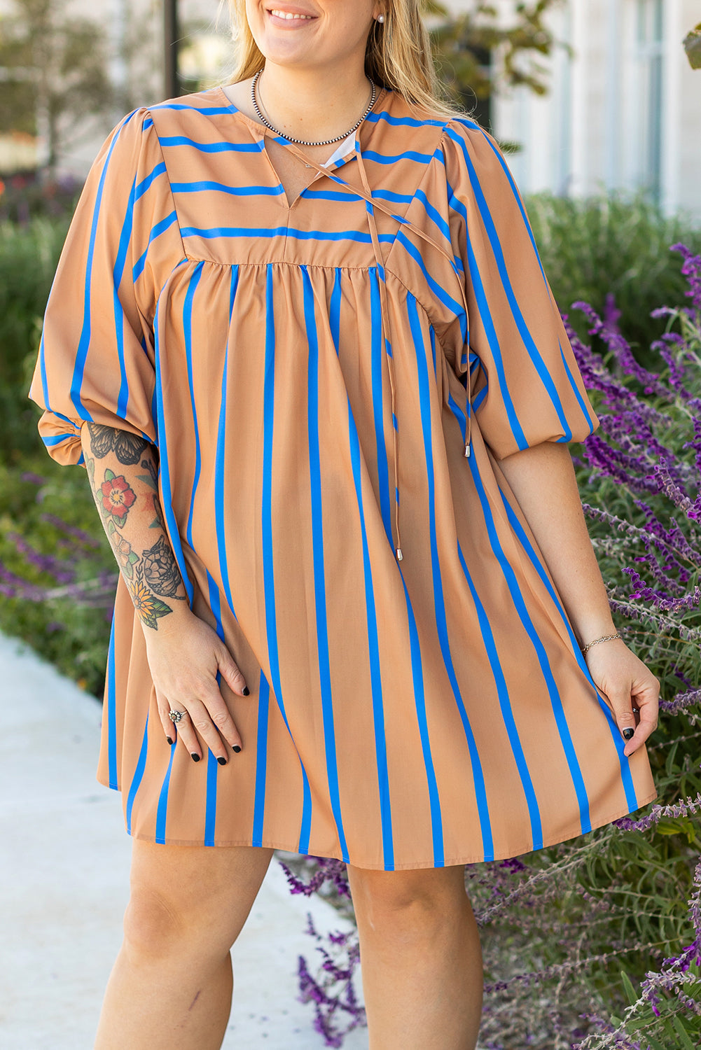 Khaki Stripe Contrast Striped Print 3/4 Sleeve Babydoll Plus Size Dress - eAura