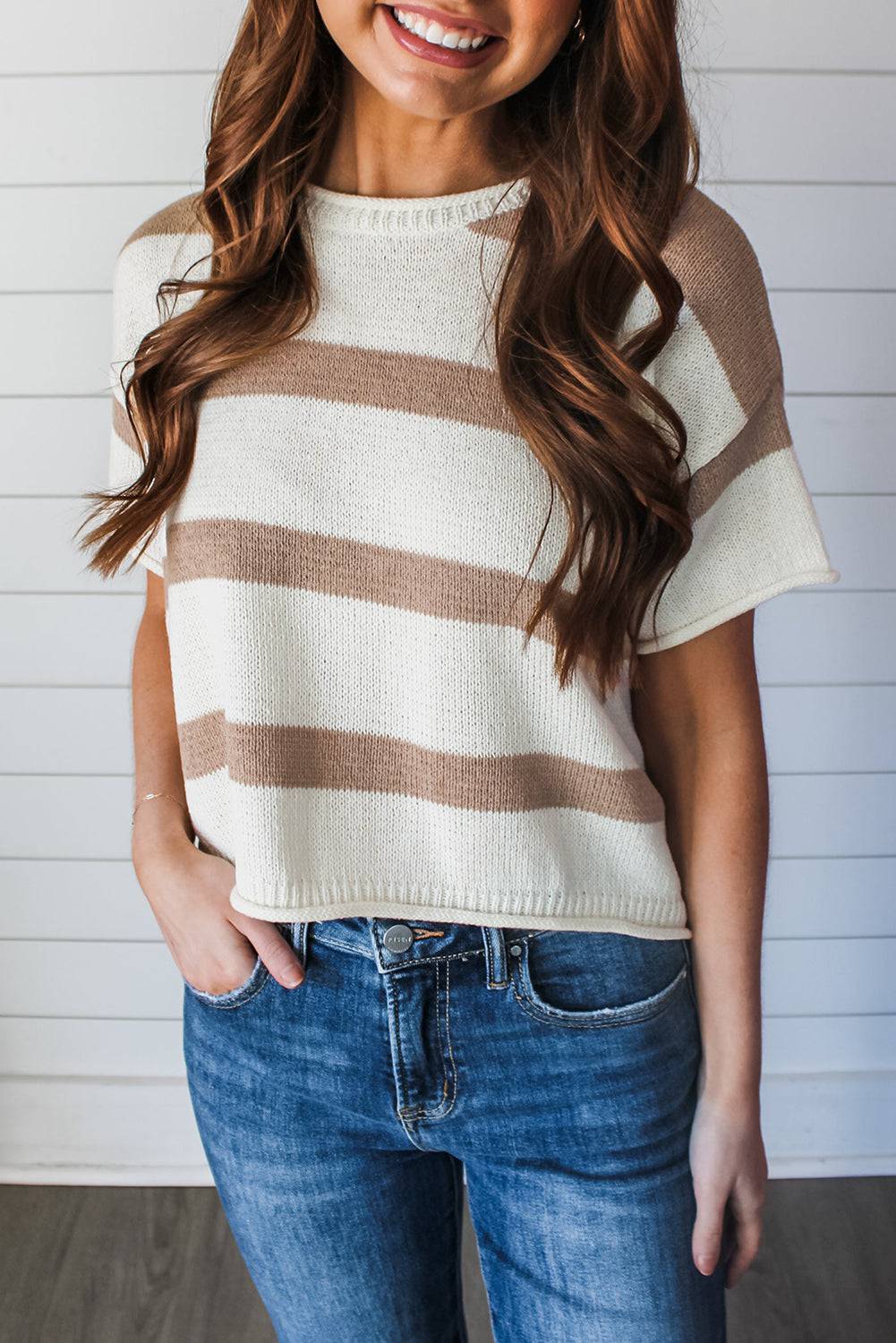 Khaki Stripe Dropped Short Sleeve Lightweight Knitted Top - KHAKI STRIPE / S / 50% VISCOSE + 28% POLYESTER + 22%