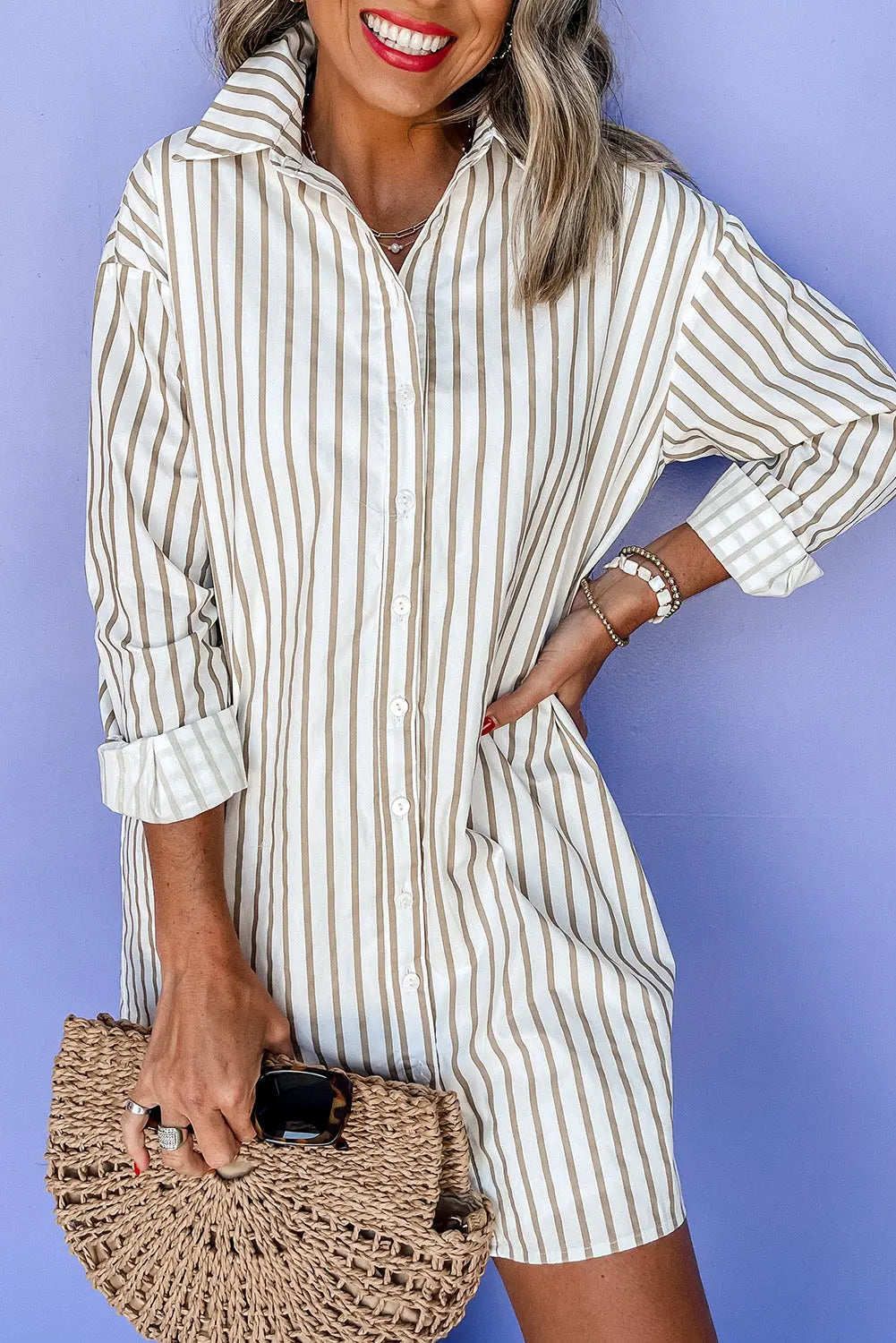 Khaki Stripe Long Sleeve Button Up Mini Shirt Dress - BB Fashion Outlet