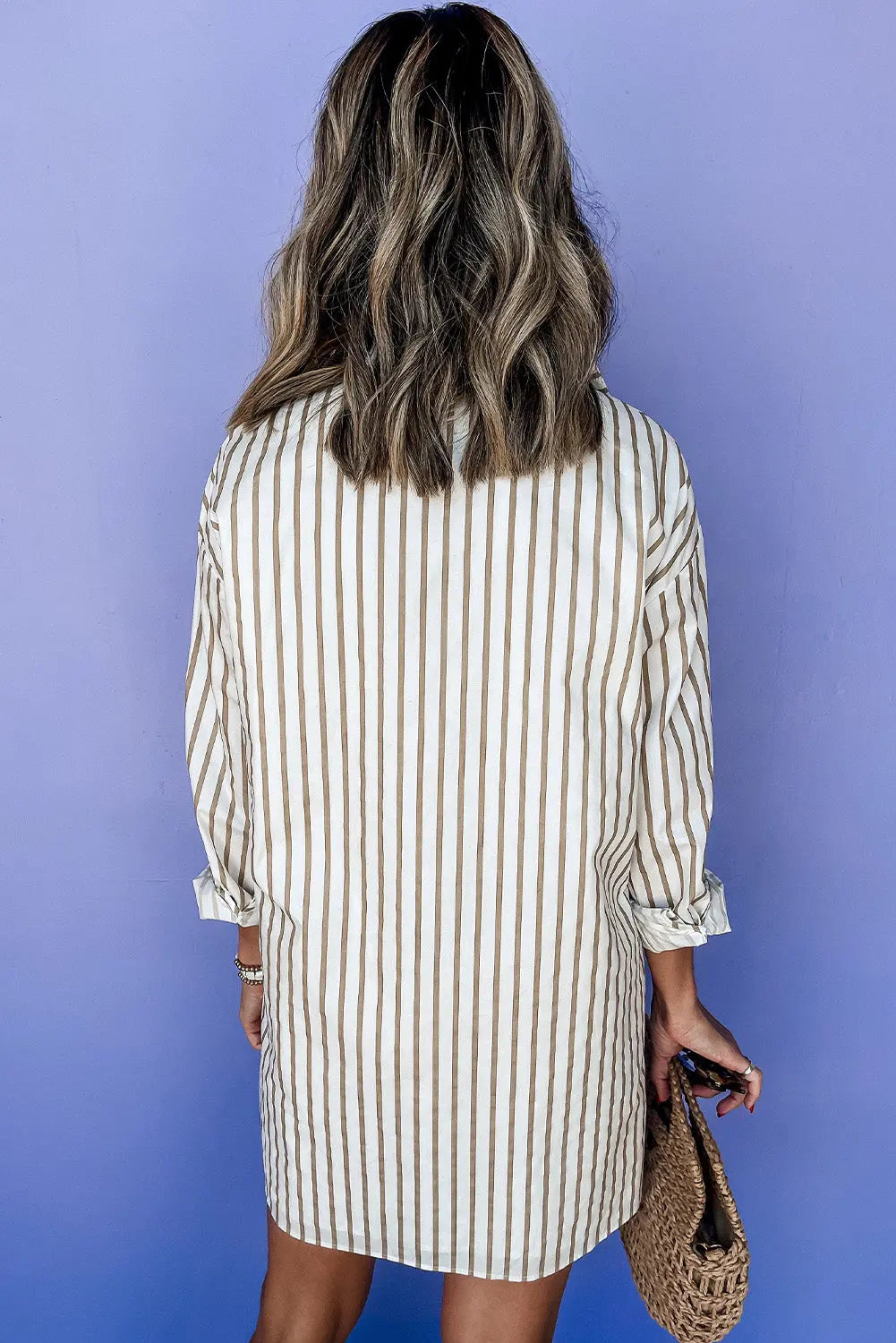 Khaki Stripe Long Sleeve Button Up Mini Shirt Dress - BB Fashion Outlet