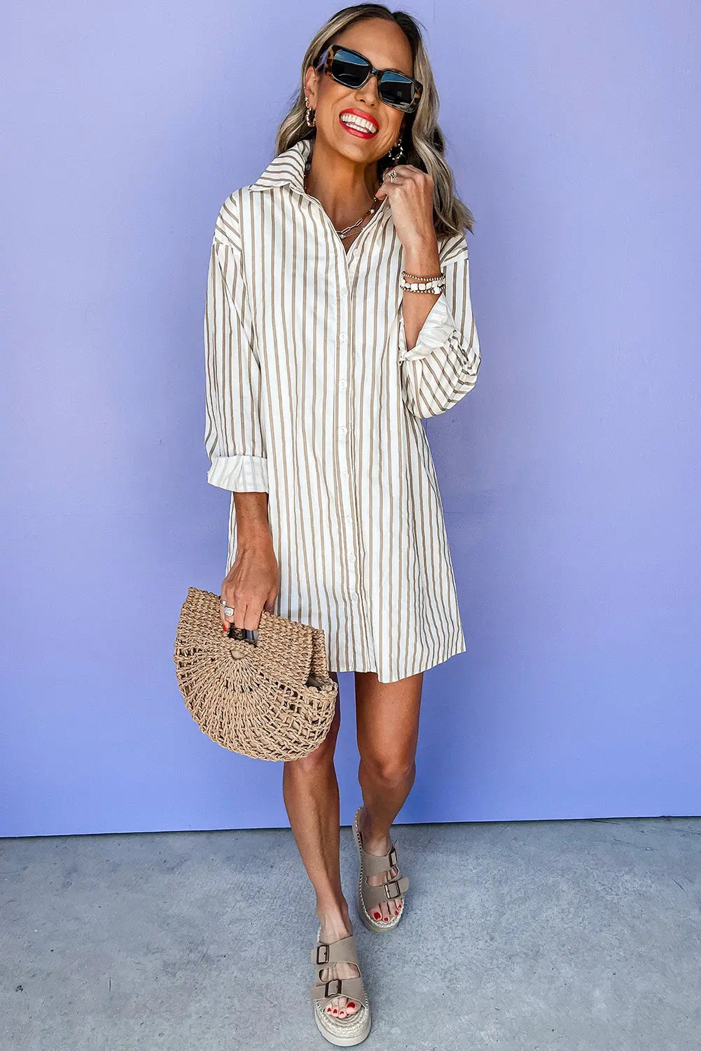 Khaki Stripe Long Sleeve Button Up Mini Shirt Dress - BB Fashion Outlet
