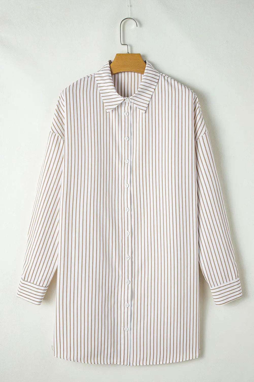 Khaki Stripe Long Sleeve Button Up Mini Shirt Dress - BB Fashion Outlet