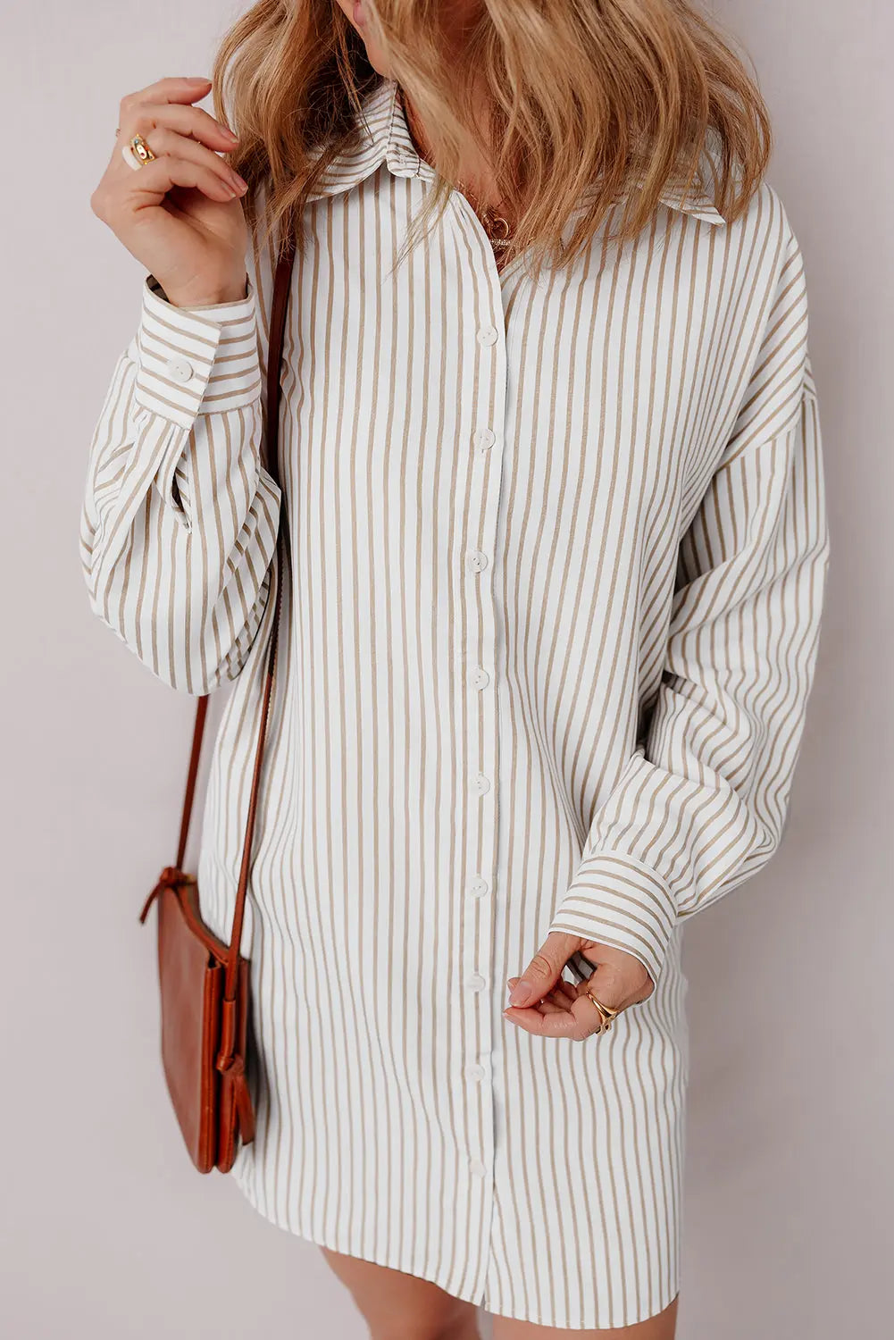 Khaki Stripe Long Sleeve Button Up Mini Shirt Dress - BB Fashion Outlet