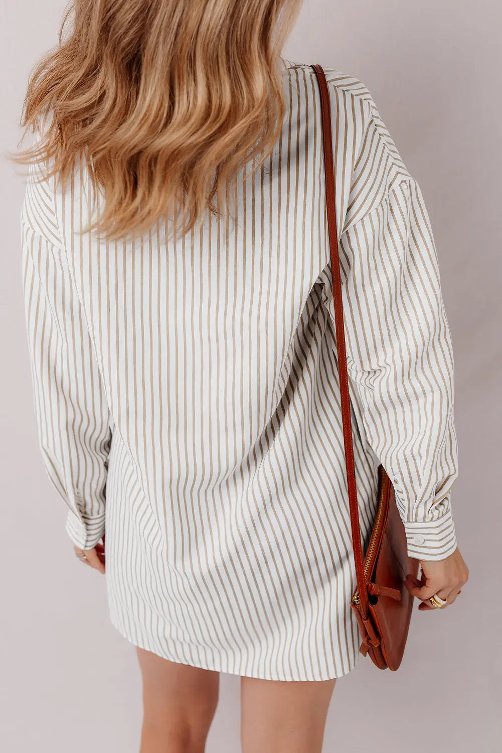 Khaki Stripe Long Sleeve Button Up Mini Shirt Dress - BB Fashion Outlet