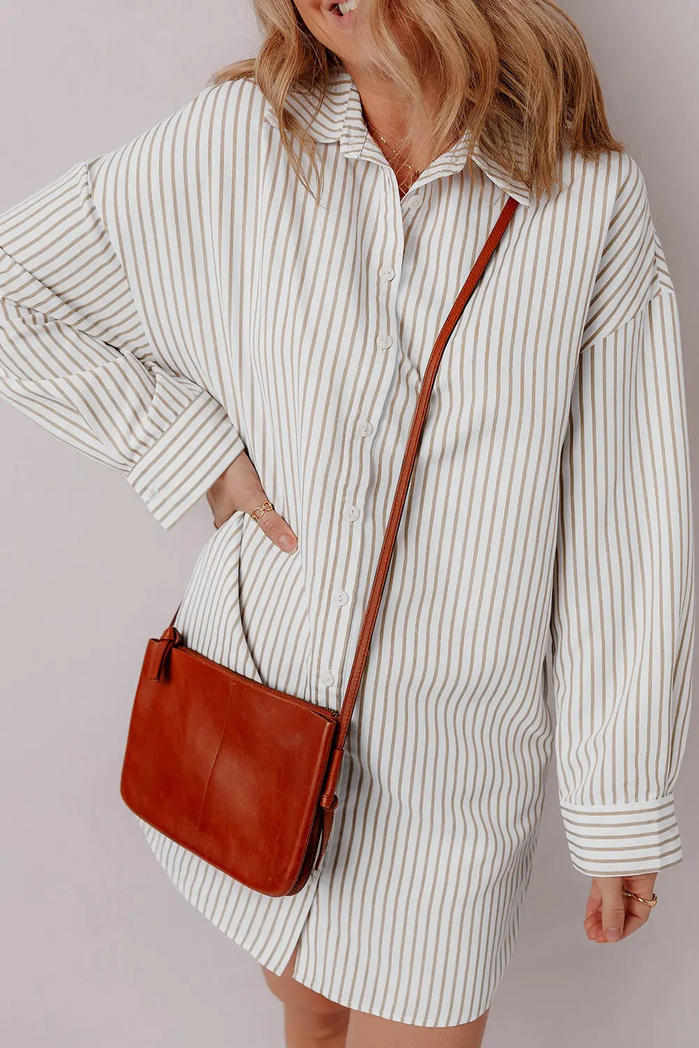 Khaki Stripe Long Sleeve Button Up Mini Shirt Dress - BB Fashion Outlet