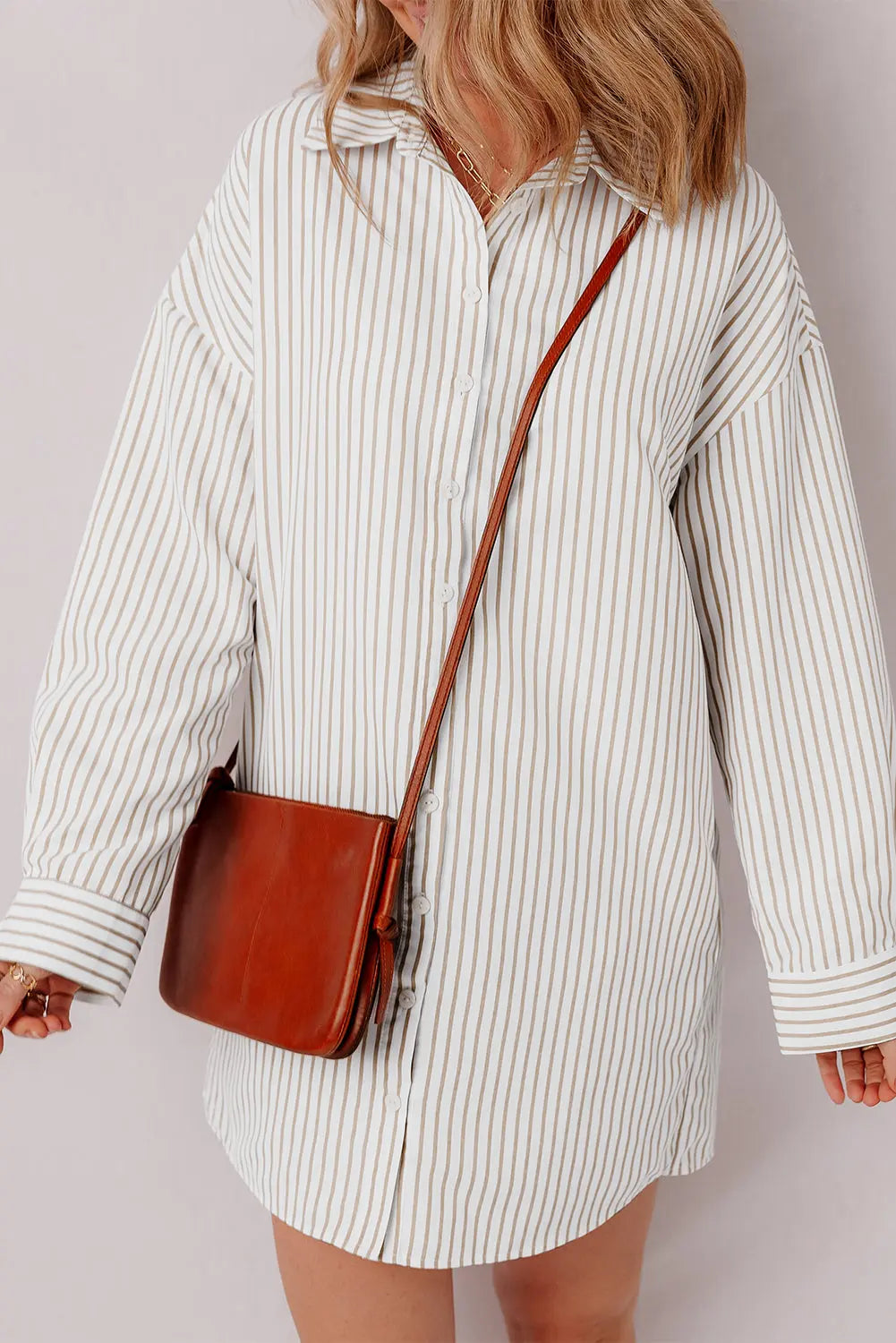Khaki Stripe Long Sleeve Button Up Mini Shirt Dress - BB Fashion Outlet