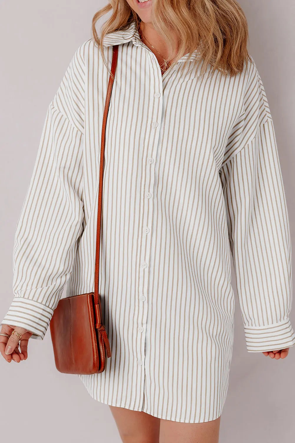 Khaki Stripe Long Sleeve Button Up Mini Shirt Dress - BB Fashion Outlet