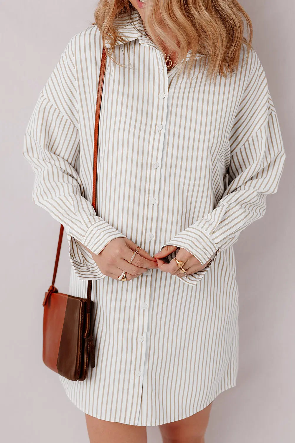 Khaki Stripe Long Sleeve Button Up Mini Shirt Dress - BB Fashion Outlet