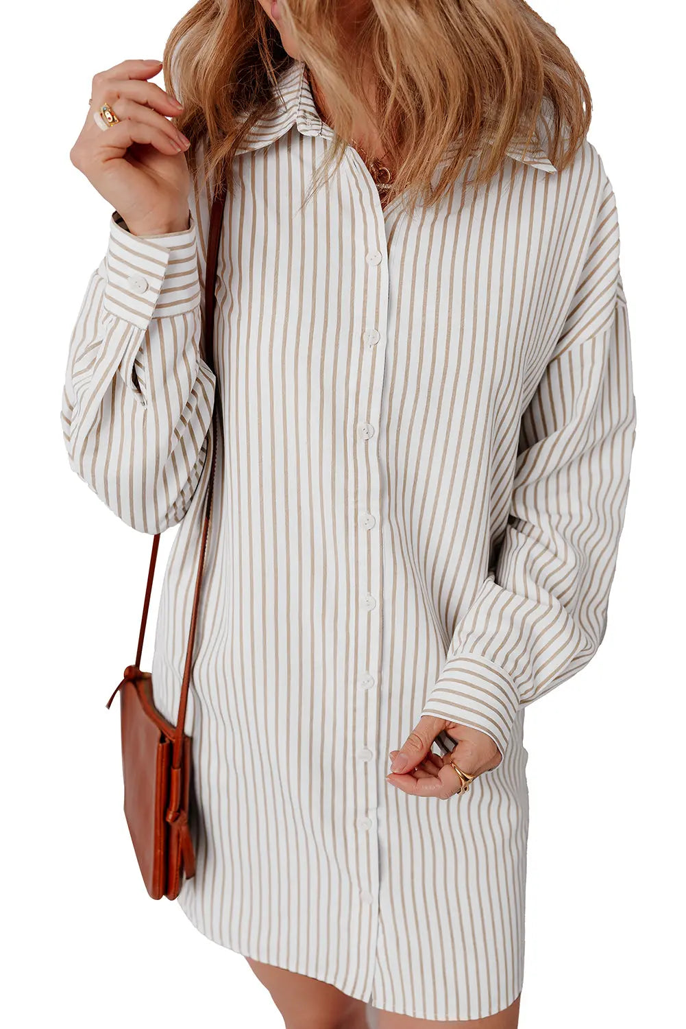 Khaki Stripe Long Sleeve Button Up Mini Shirt Dress - BB Fashion Outlet