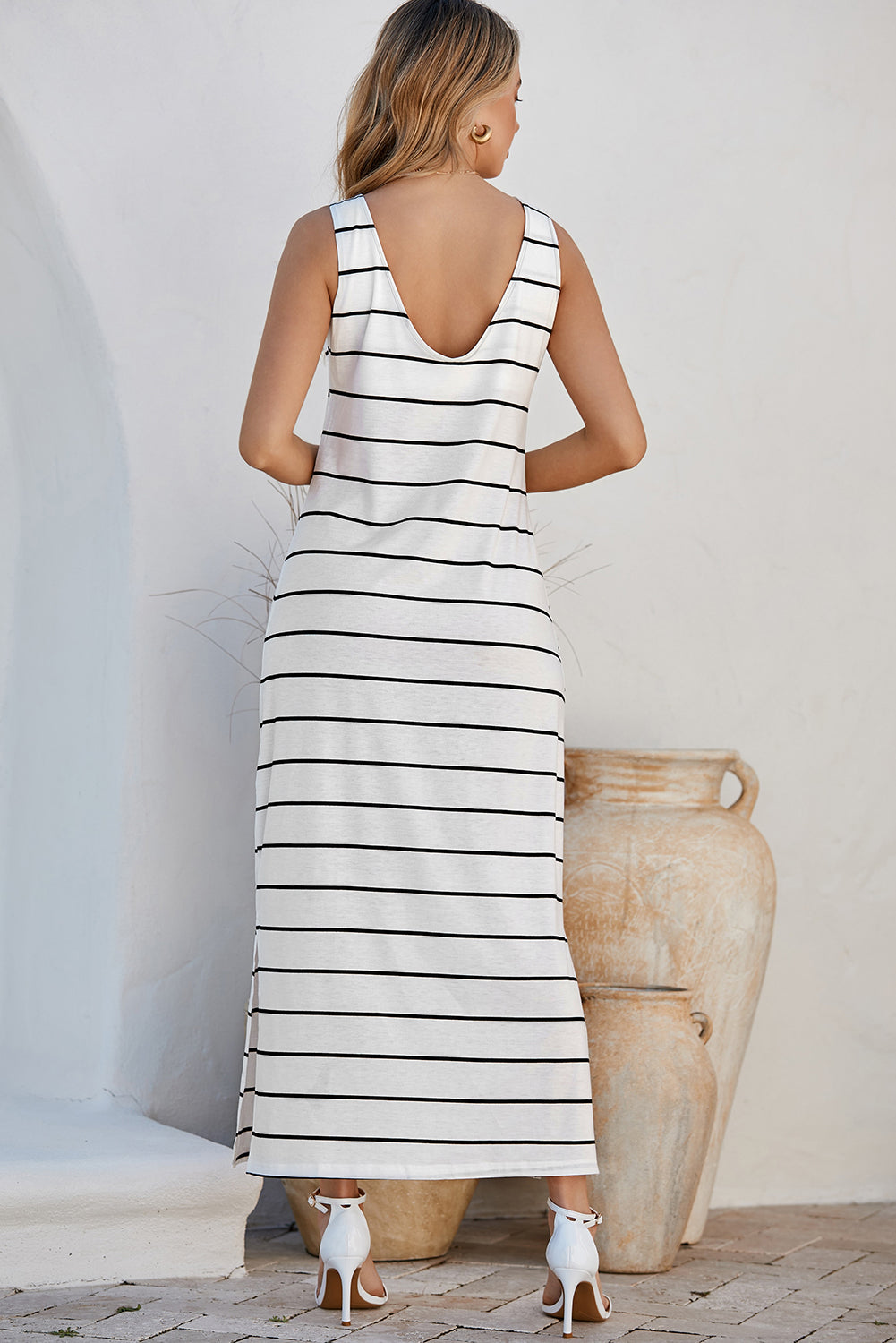Khaki Stripe Print Open Back Sleeveless Maxi Dress with Slits - eAura