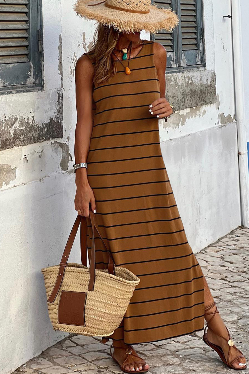 Khaki Stripe Print Open Back Sleeveless Maxi Dress with Slits - eAura