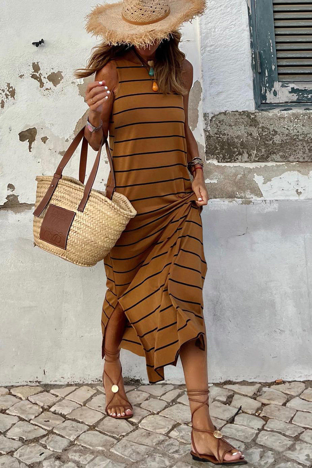Khaki Stripe Print Open Back Sleeveless Maxi Dress with Slits - eAura