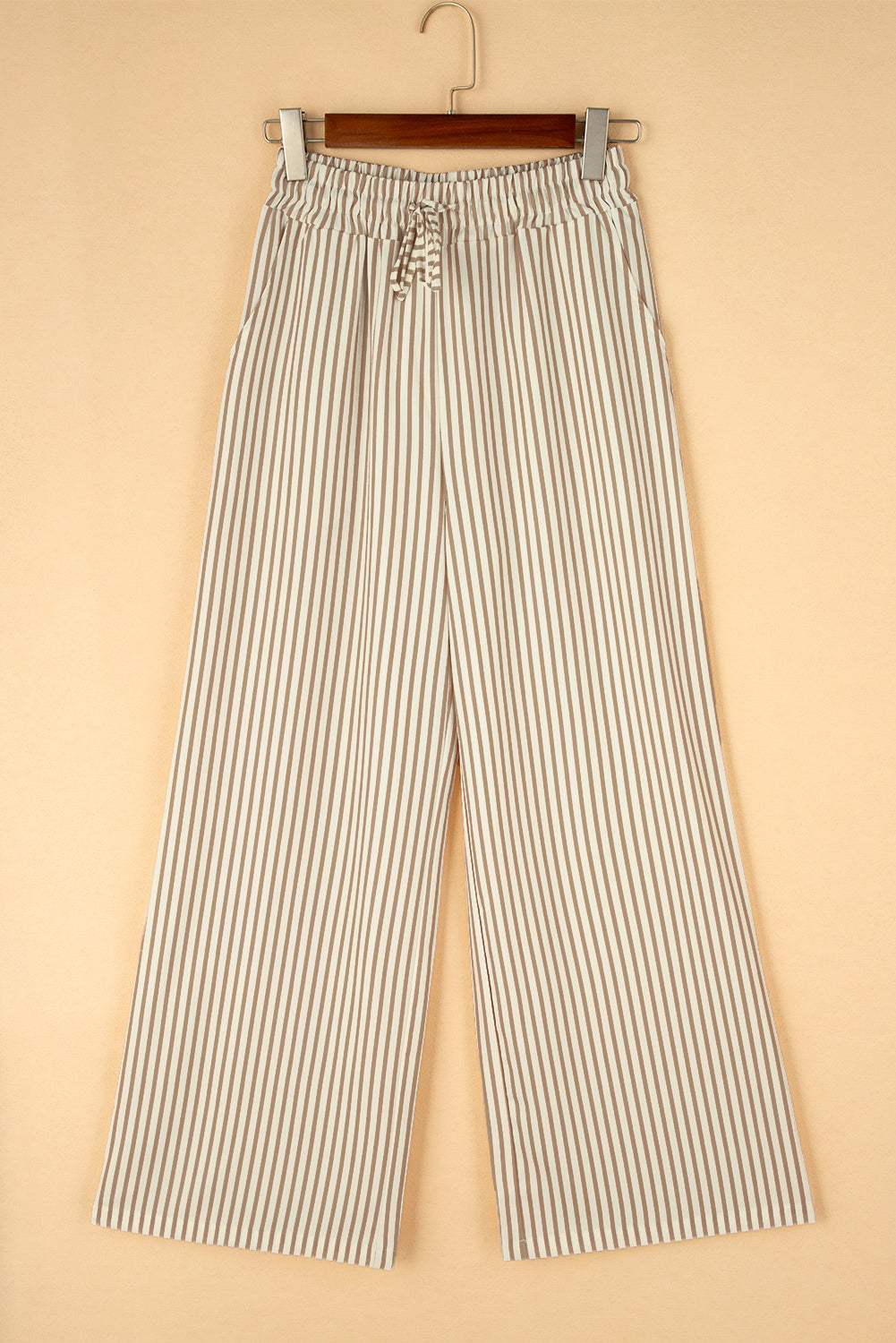 Khaki Stripe Print Wide Leg Drawstring Trousers - eAura