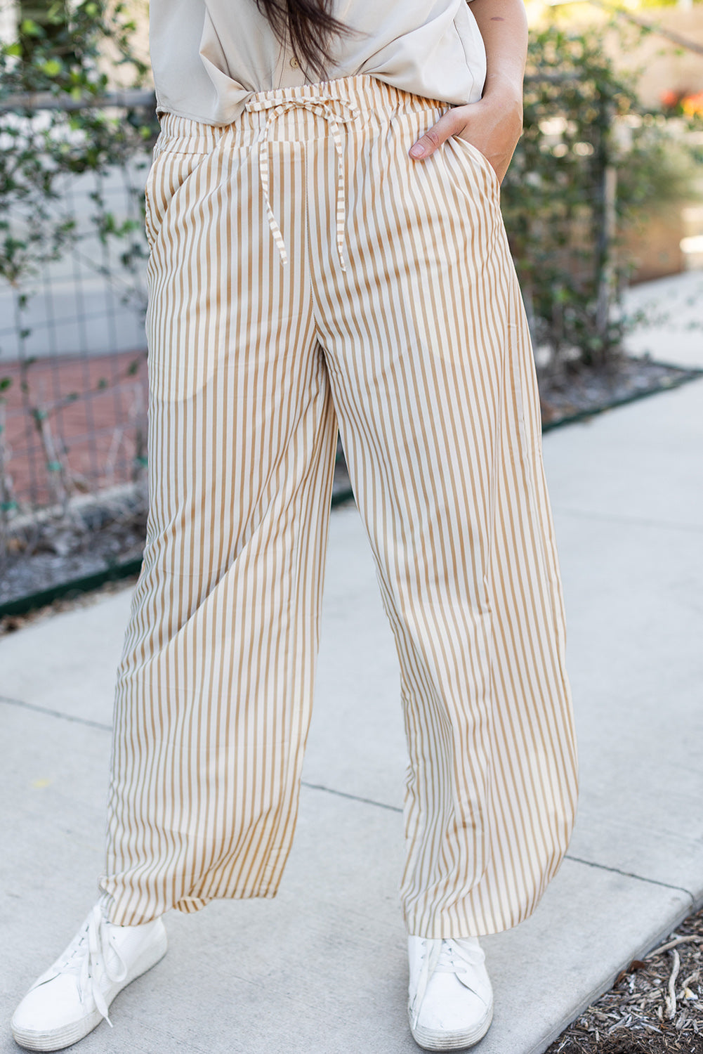 Khaki Stripe Print Wide Leg Drawstring Trousers - eAura