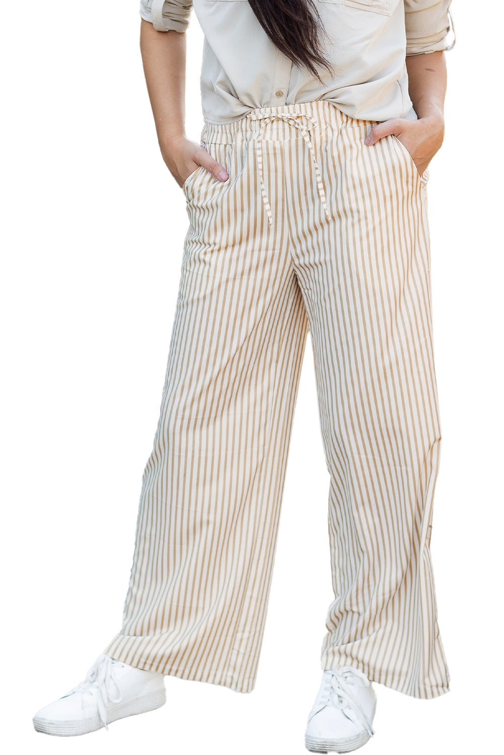 Khaki Stripe Print Wide Leg Drawstring Trousers - eAura