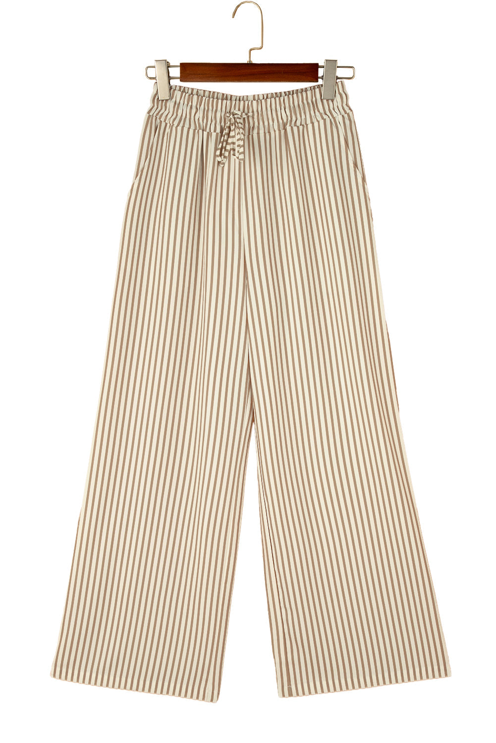Khaki Stripe Print Wide Leg Drawstring Trousers - eAura