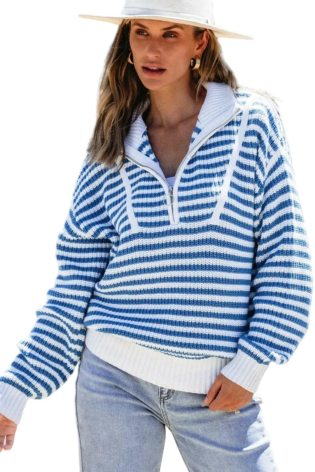 Stripe Zip up Collar Drop Shoulder Sweater