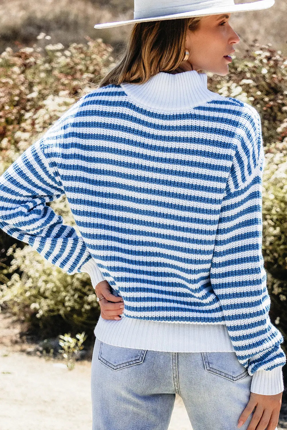 Khaki Stripe Zip up Collar Drop Shoulder Sweater eAura