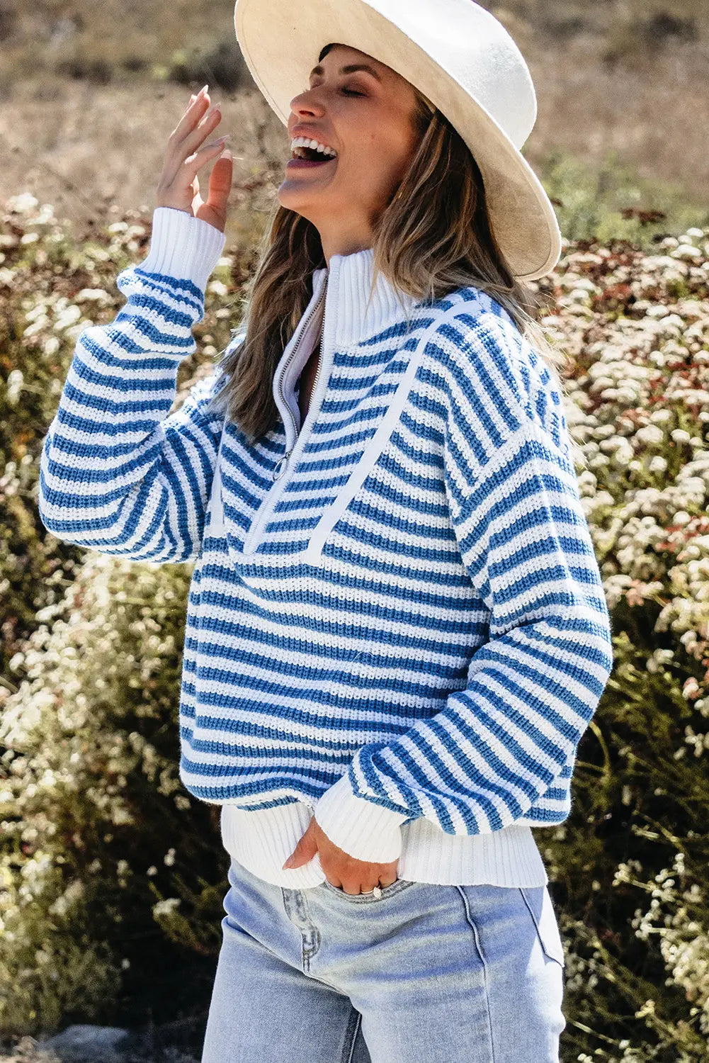 Khaki Stripe Zip up Collar Drop Shoulder Sweater eAura