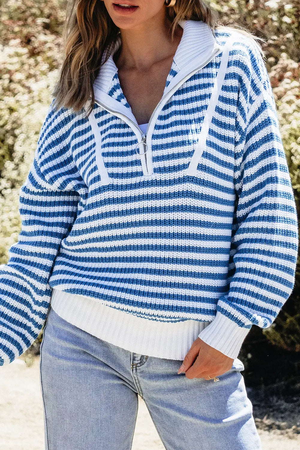 Khaki Stripe Zip up Collar Drop Shoulder Sweater eAura