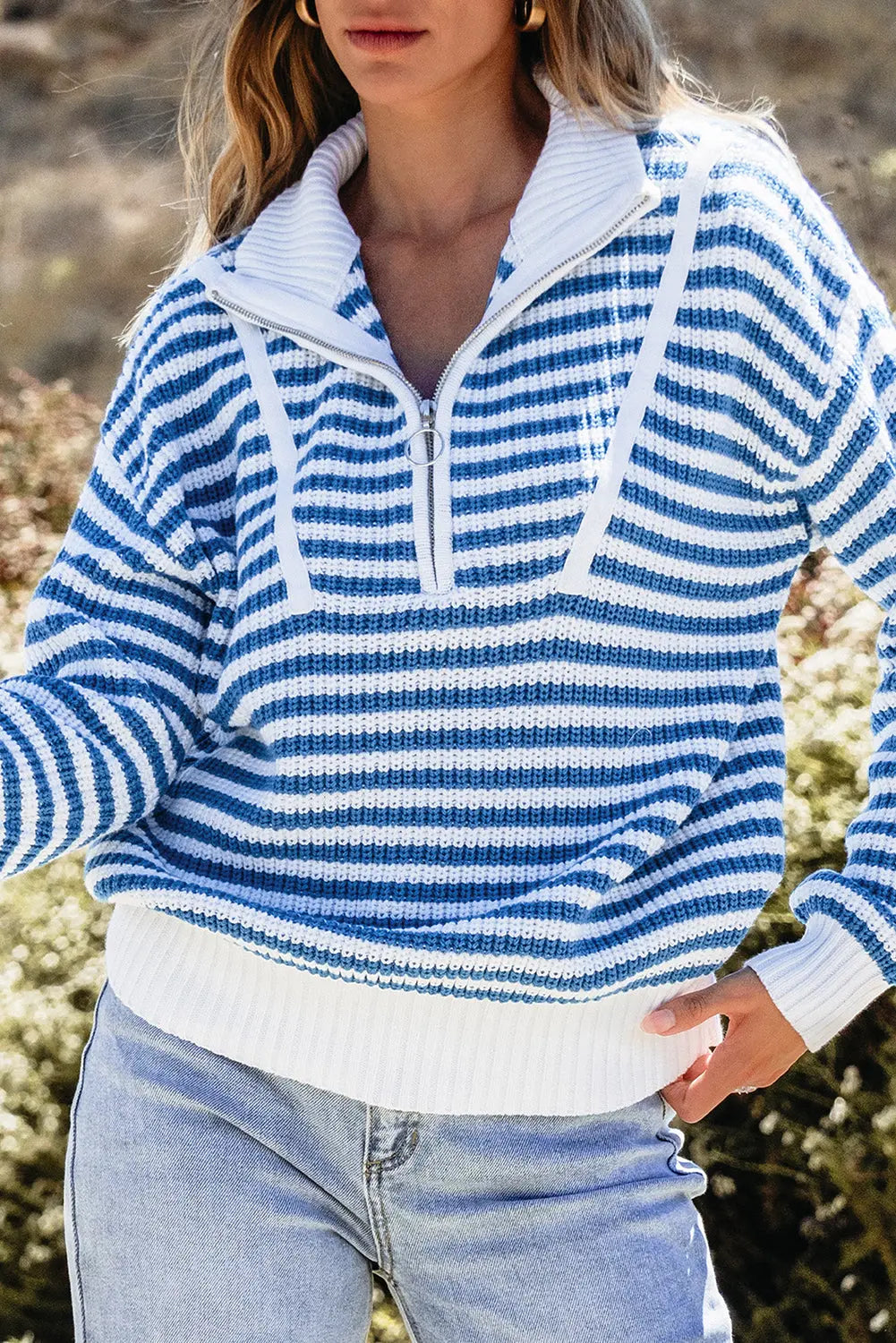 Khaki Stripe Zip up Collar Drop Shoulder Sweater eAura