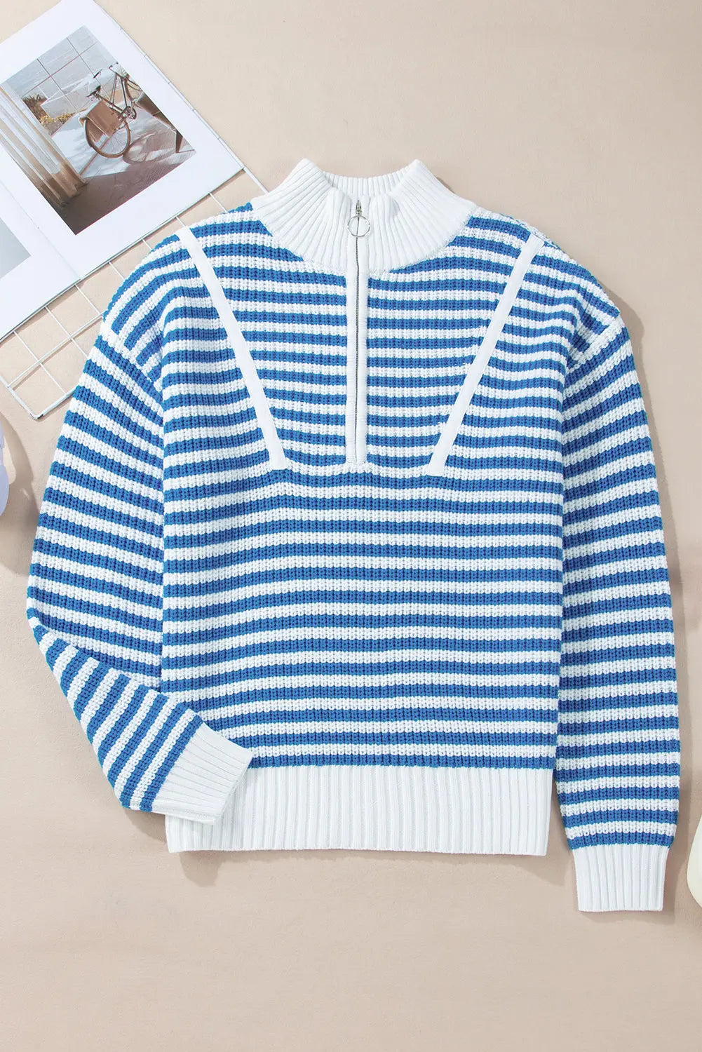 Khaki Stripe Zip up Collar Drop Shoulder Sweater eAura
