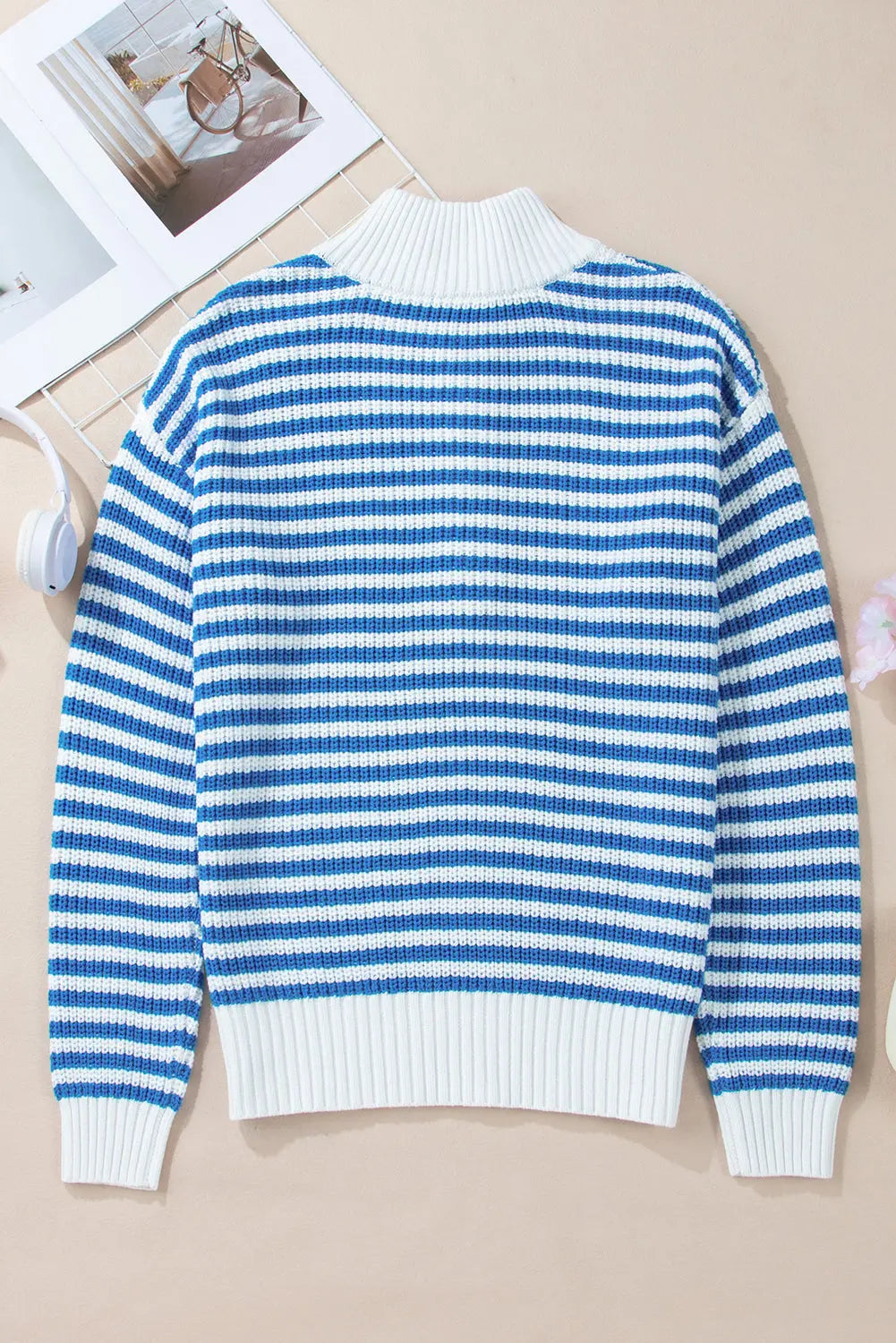 Khaki Stripe Zip up Collar Drop Shoulder Sweater eAura