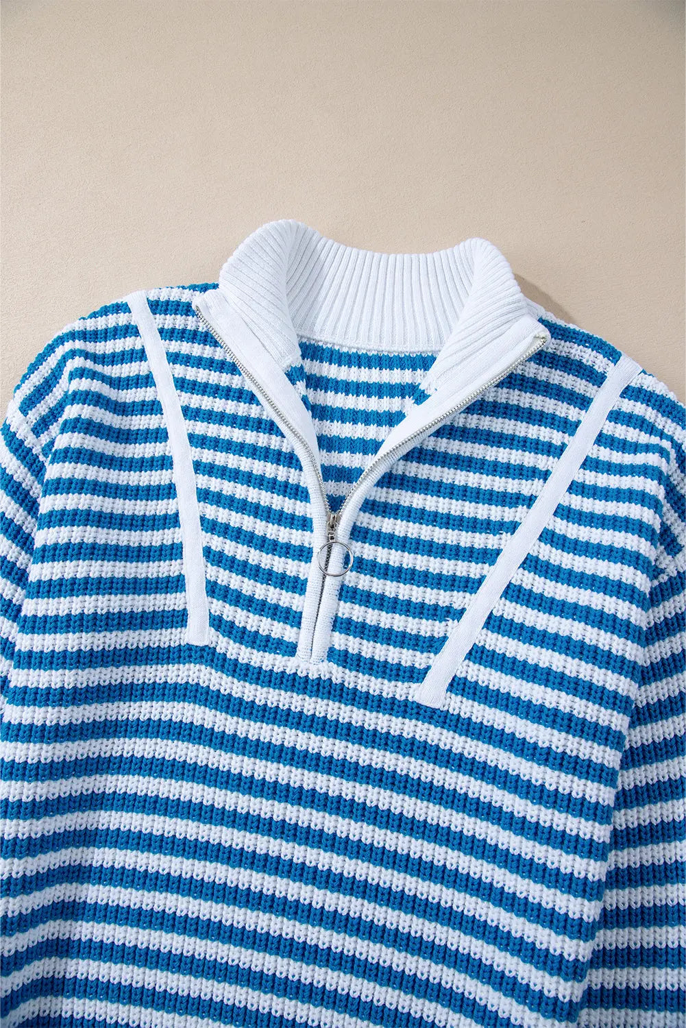 Khaki Stripe Zip up Collar Drop Shoulder Sweater eAura