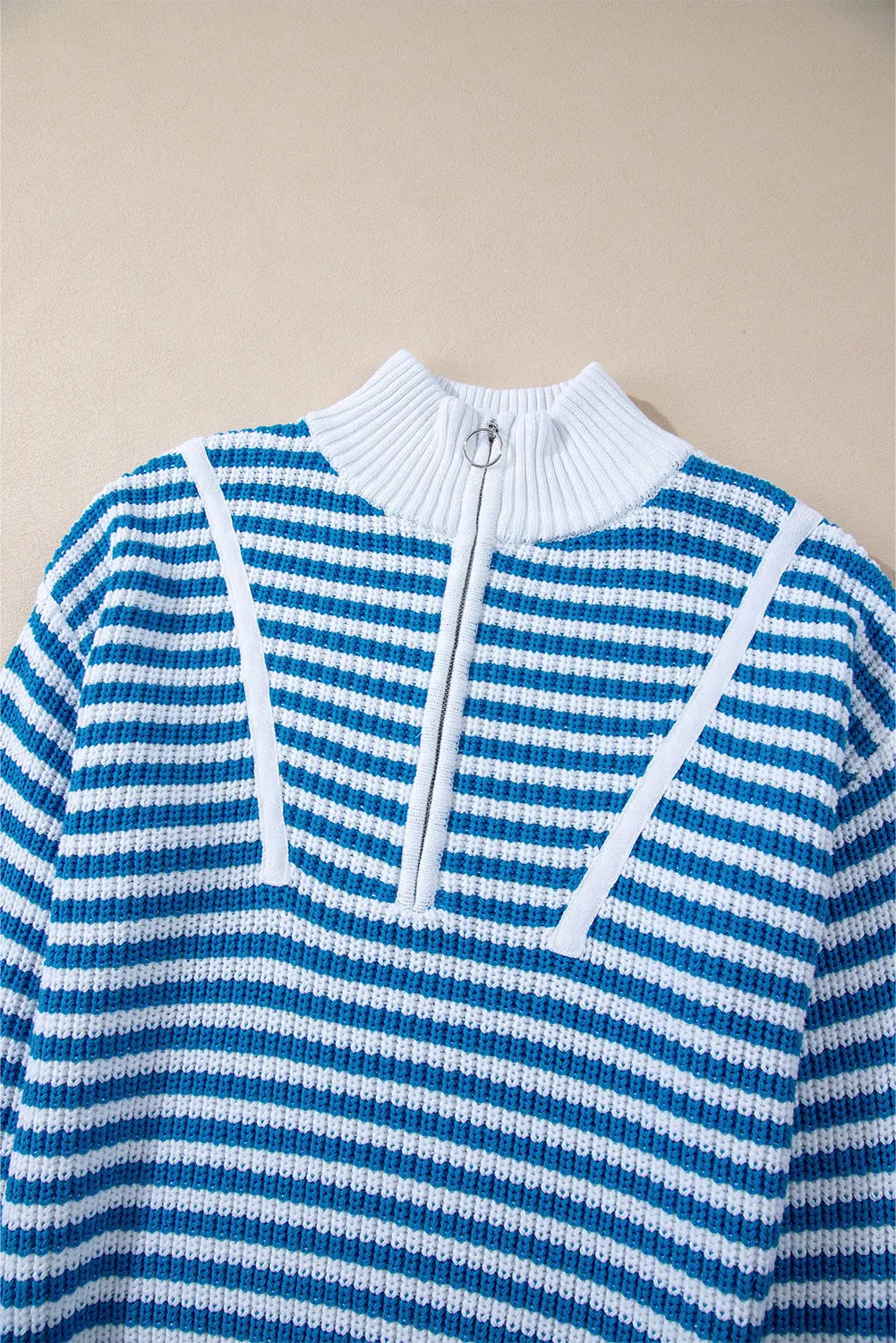 Khaki Stripe Zip up Collar Drop Shoulder Sweater eAura