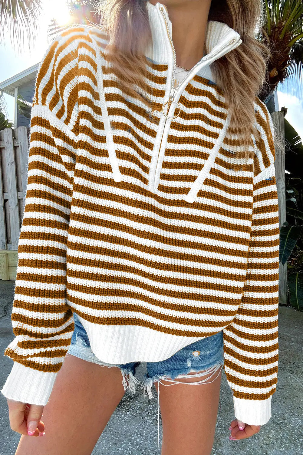 Khaki Stripe Zip up Collar Drop Shoulder Sweater eAura