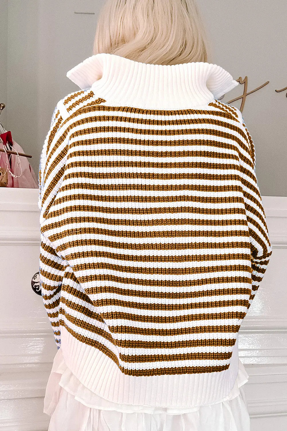 Khaki Stripe Zip up Collar Drop Shoulder Sweater eAura
