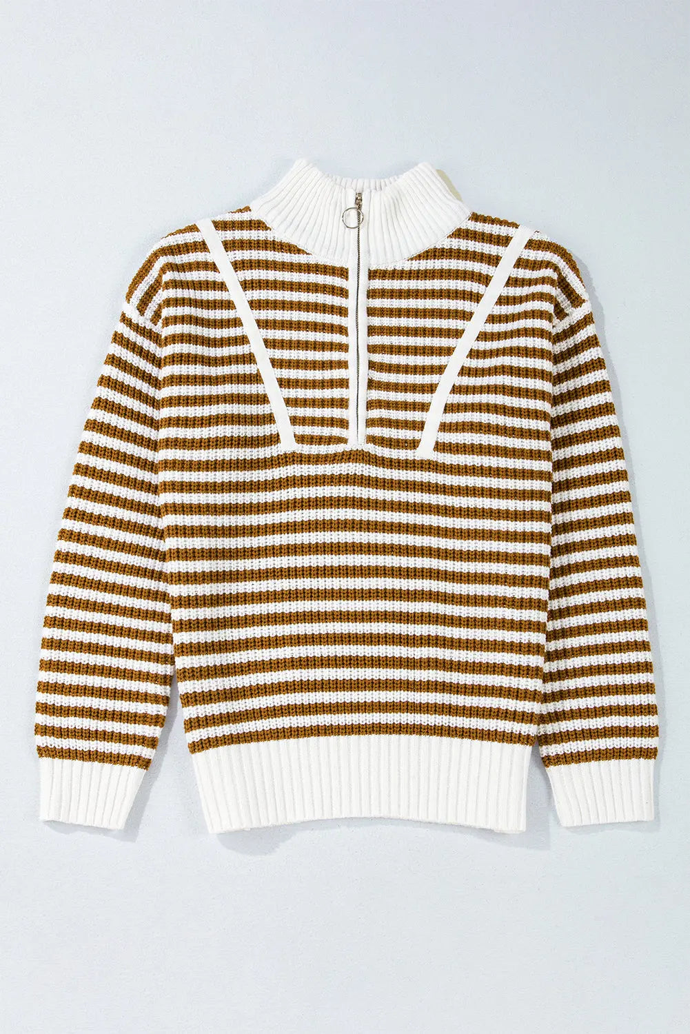 Khaki Stripe Zip up Collar Drop Shoulder Sweater eAura