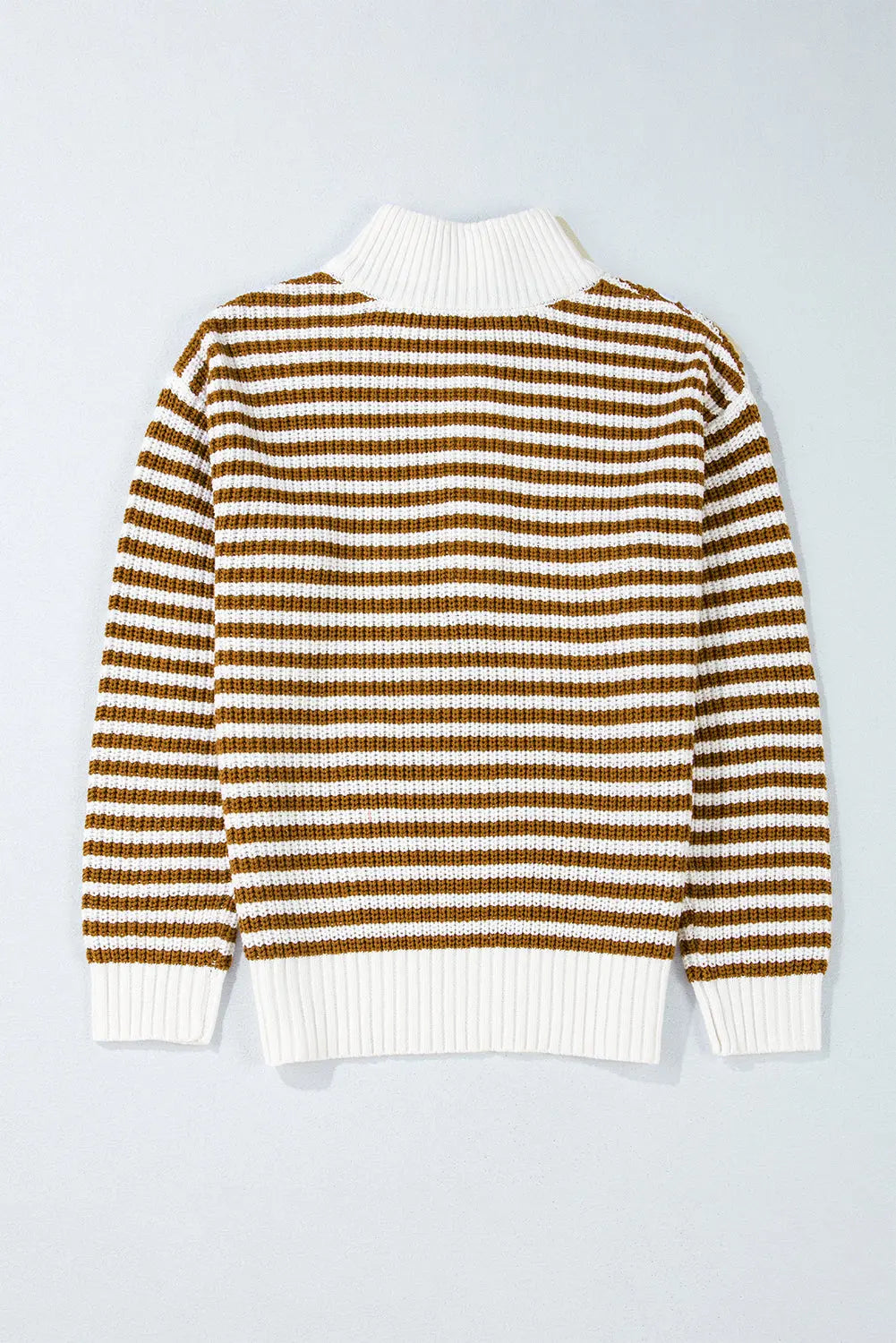 Khaki Stripe Zip up Collar Drop Shoulder Sweater eAura