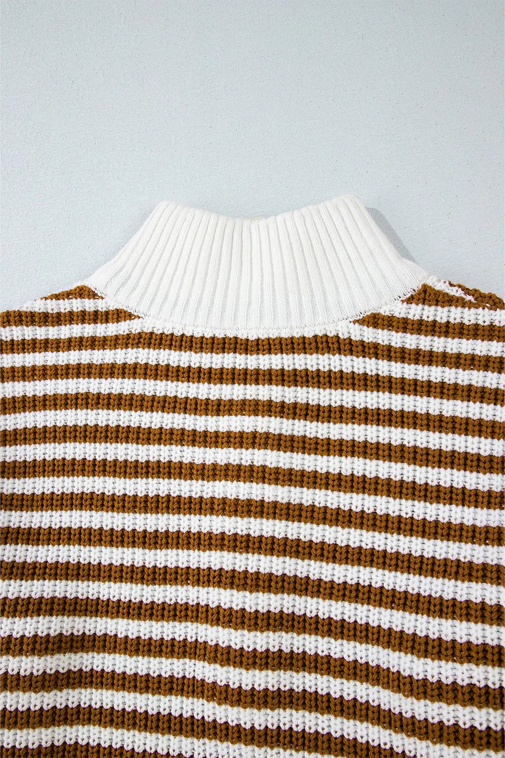 Khaki Stripe Zip up Collar Drop Shoulder Sweater eAura